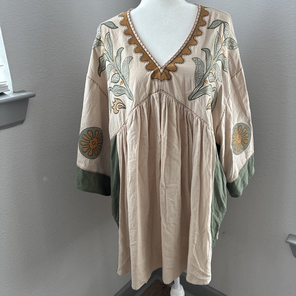 Easel Cotton Tunic Shirt Dress Medium Floral Boho Lagenlook Art to Wear